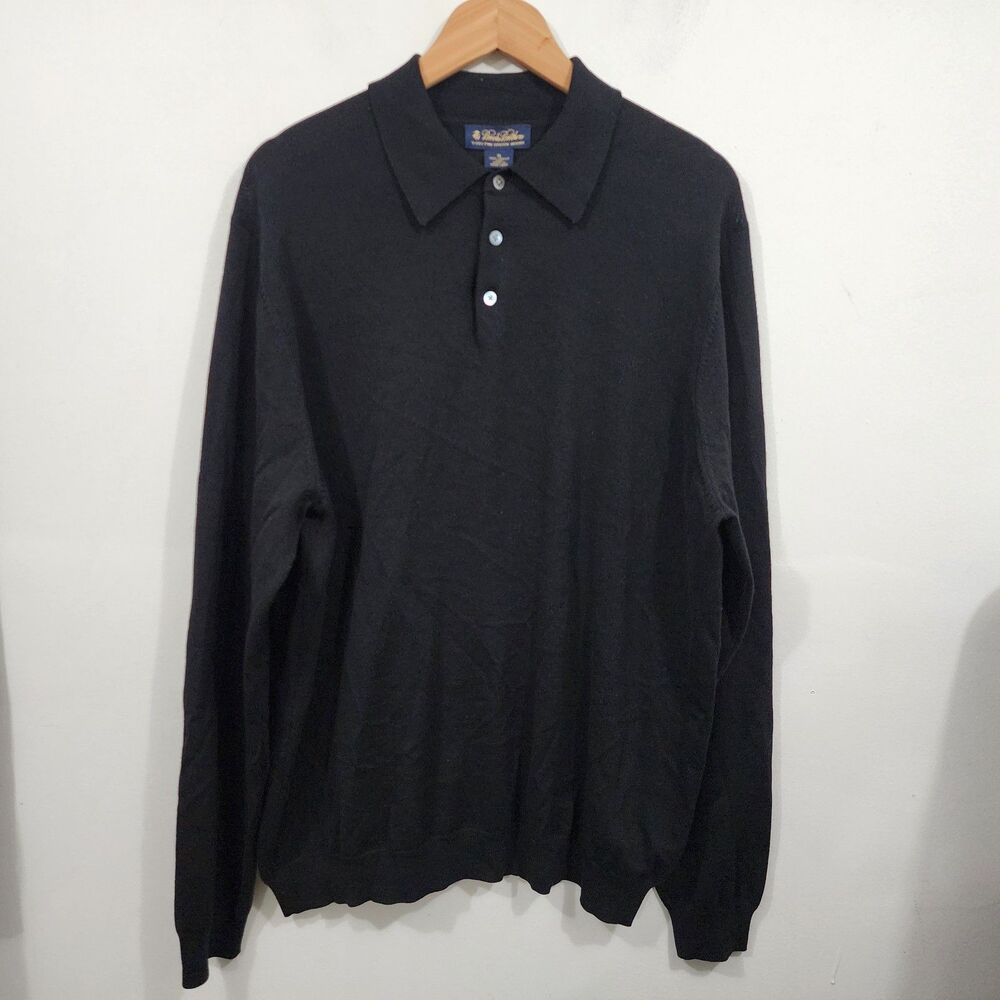 Brooks Brothers Merino Wool Collared 1/4-Button Sweater Black XL Pullover Knit